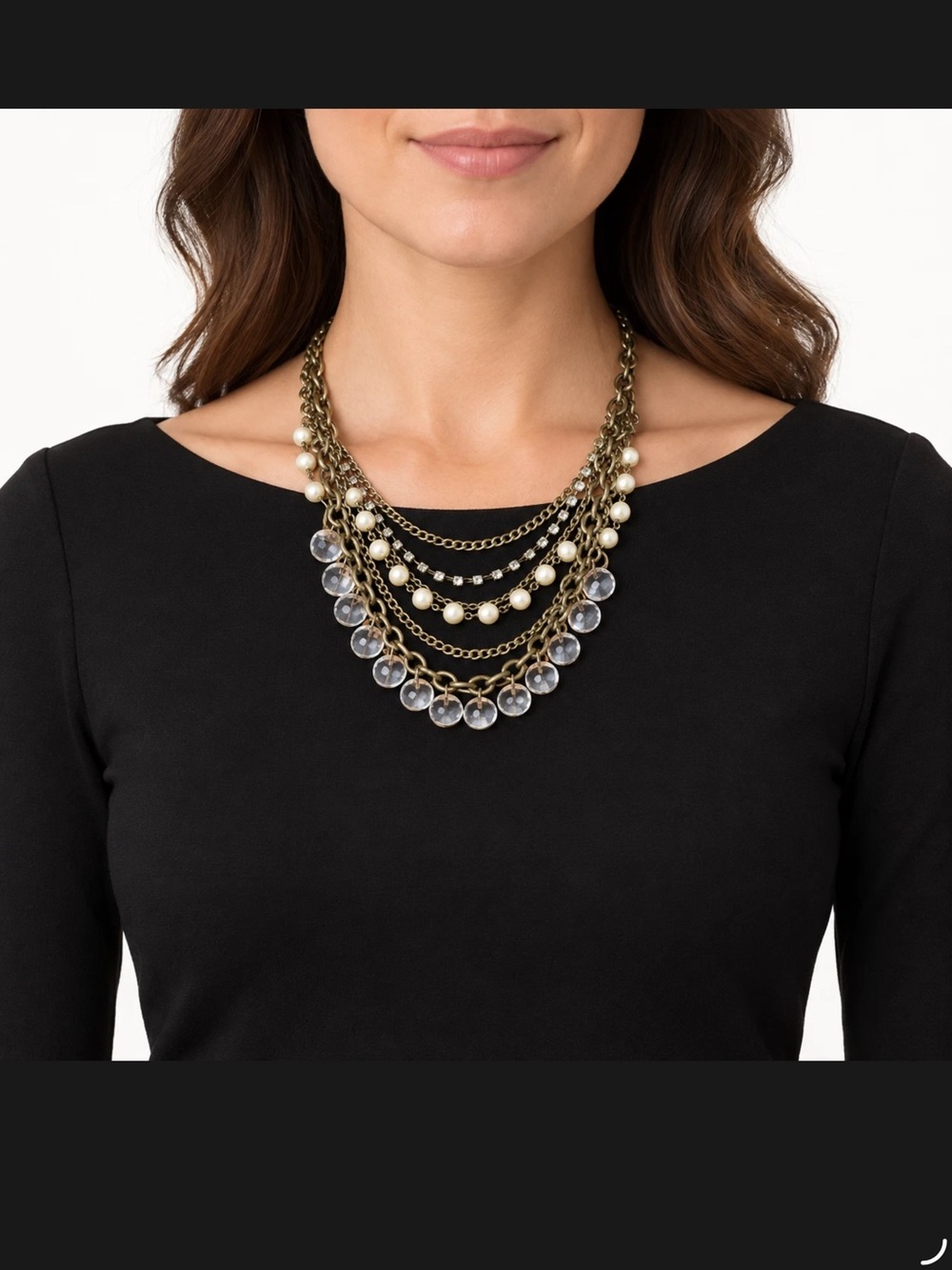 Catherine Stein Layered Pearl Crystal Bib Necklace Bronze Tone Statement